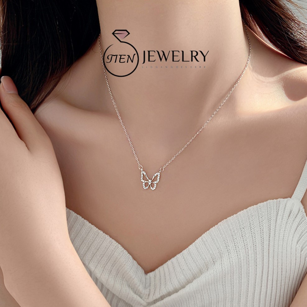 Dây chuyền bạc nữ 925 hình bướm dễ thương phong cách nữ tính, vòng cổ nữ đính đá - Tien Jewelry