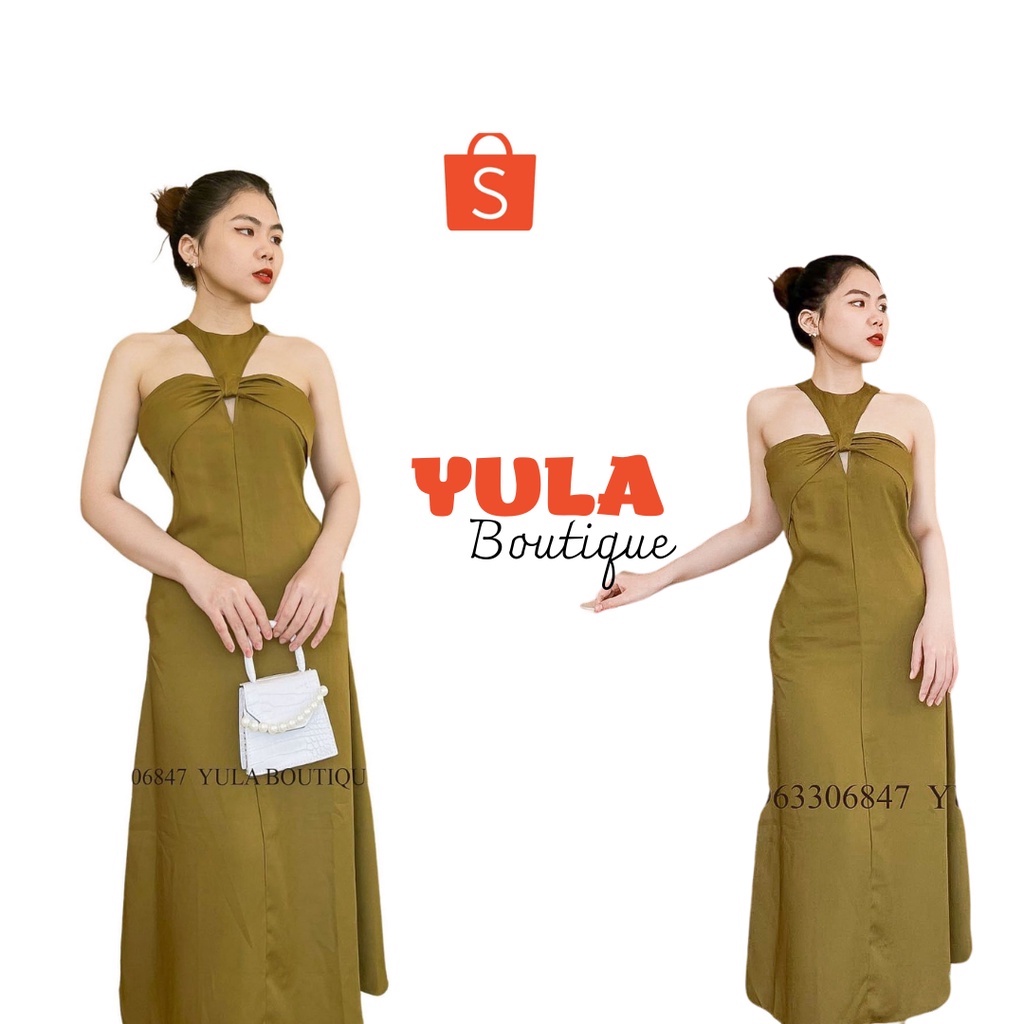 Đầm maxi cổ yếm xanh rêu, váy cổ yếm nơ ngực hàng loại 1 ( ảnh thật)