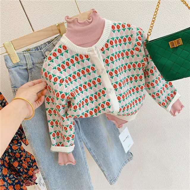 Áo Khoác Cardigan Bé Gái Dệt Kim Họa Tiết Thời Trang Xuân Thu Phong Cách Hàn Quốc 2021