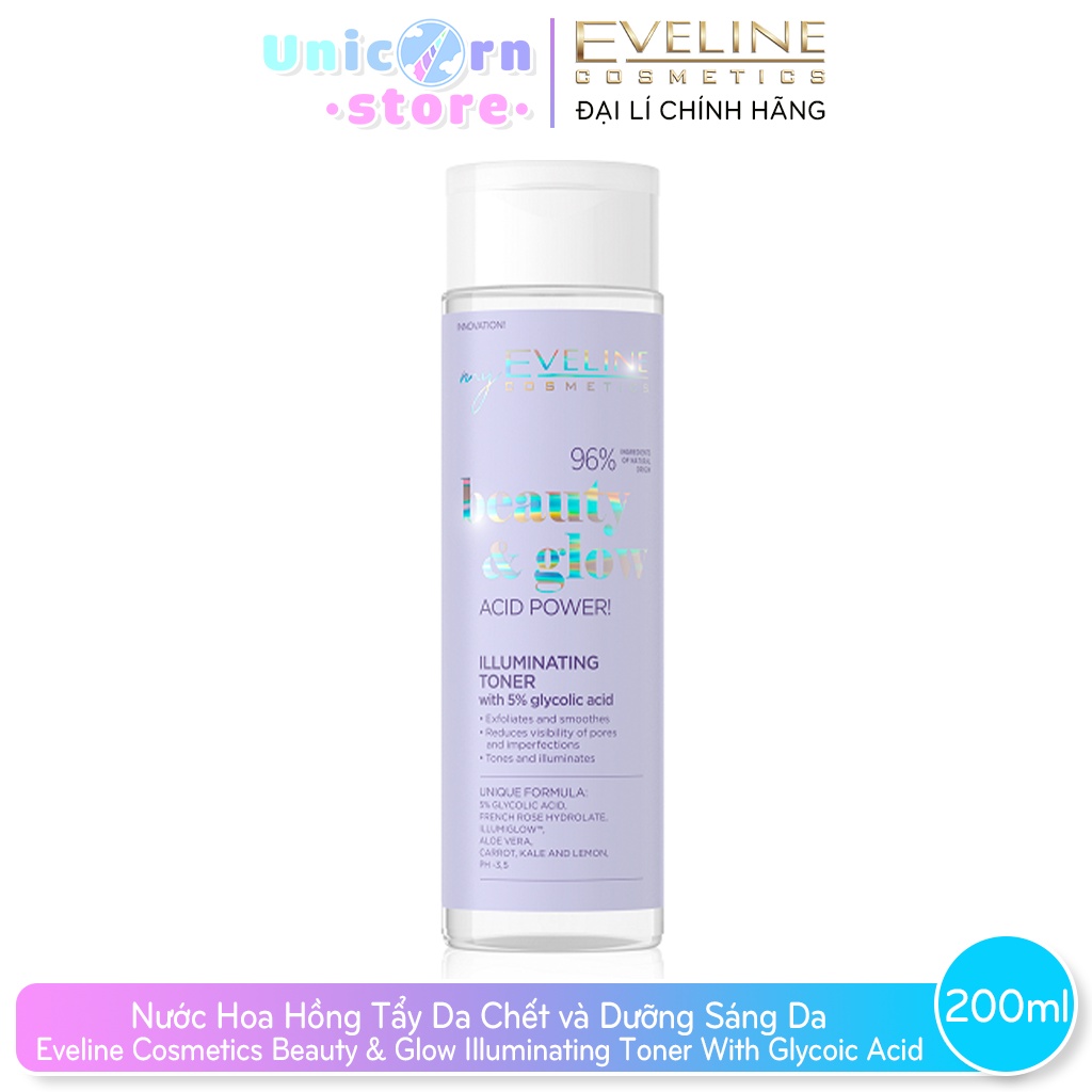 Nước Hoa Hồng Tẩy Da Chết và Dưỡng Sáng Da Eveline Cosmetics Beauty & Glow Illuminating Toner With Glycoic Acid 200ml