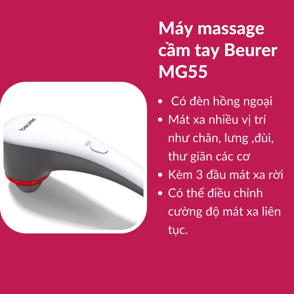 Máy massage cầm tay đèn hồng ngoại beurer MG55 có 3 đầu rời linh hoạt chính hãng bảo hành 24 tháng