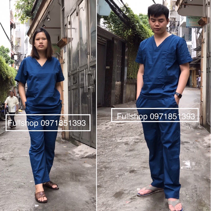 Bộ scrubs nam nữ cộc tay màu xanh than - bộ đồng phục kỹ thuật viên cổ tim cho bác sĩ, hộ lý, thẩm mũ viện, spa