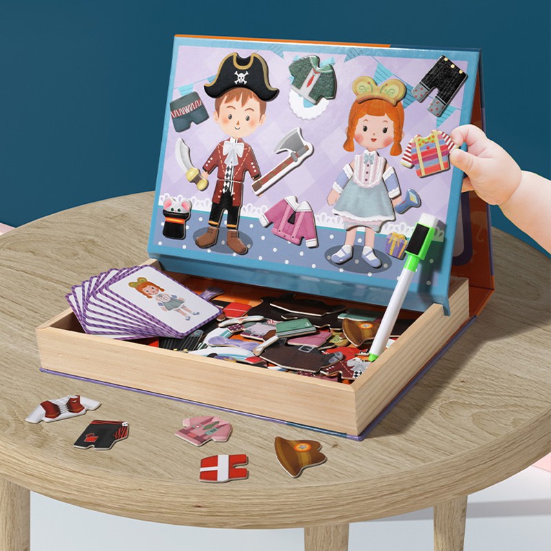 Bộ Xếp Hình Thay Quần Áo Bé Trai Và Gái Bằng Gỗ Gắn Nam Châm Cho Bé