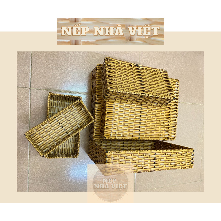Khay Đựng Đồ Hình Chữ Nhật Tạo Hình Thủ Công Từ Dây Nhựa Kiểu Mây Tre Đan Bền Đẹp