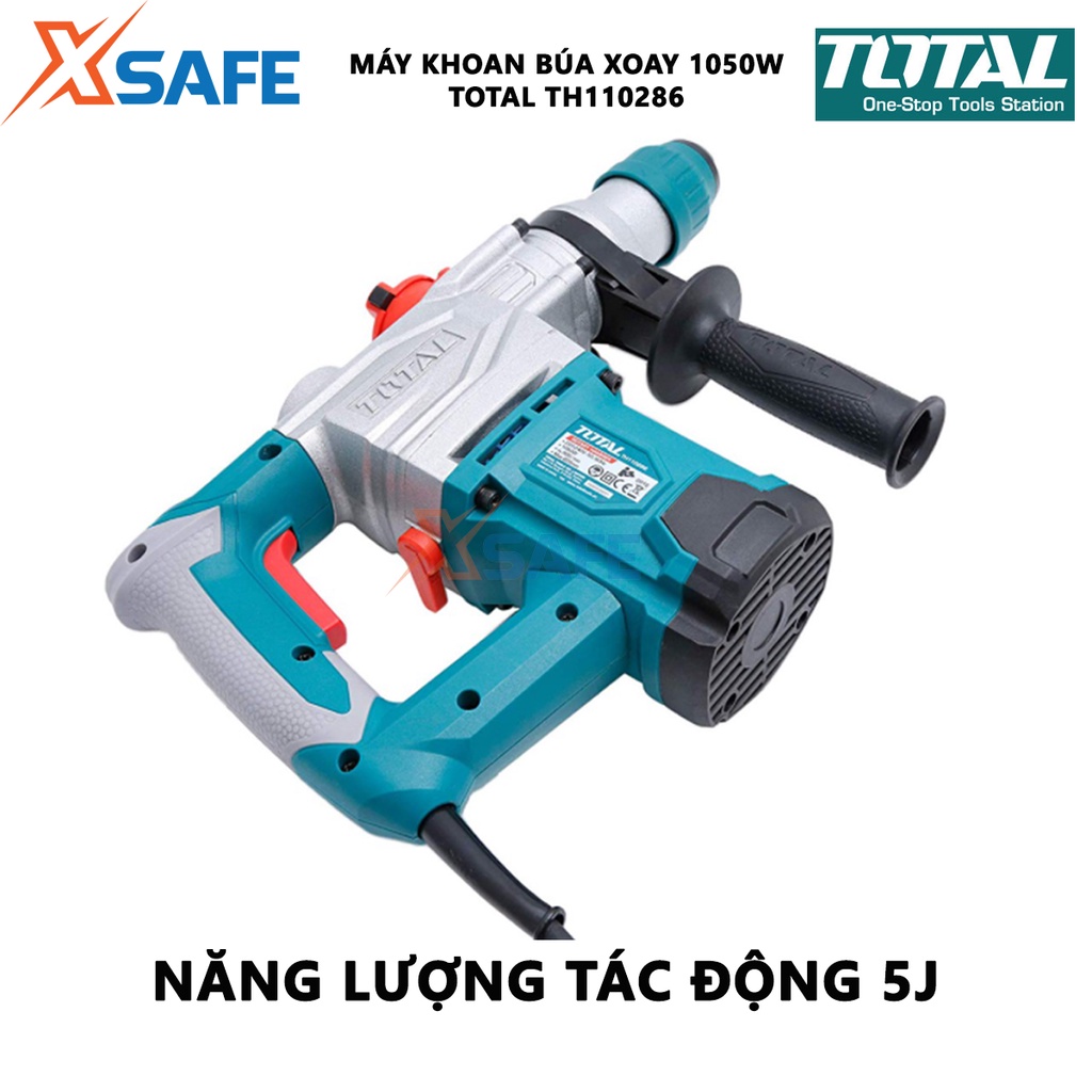 Máy khoan búa cầm tay TOTAL TH110286 1050W tốc độ 9000rpm, tốc độ đập 4000bpm, khả năng khoan bê tông 28mm, đục 14mm