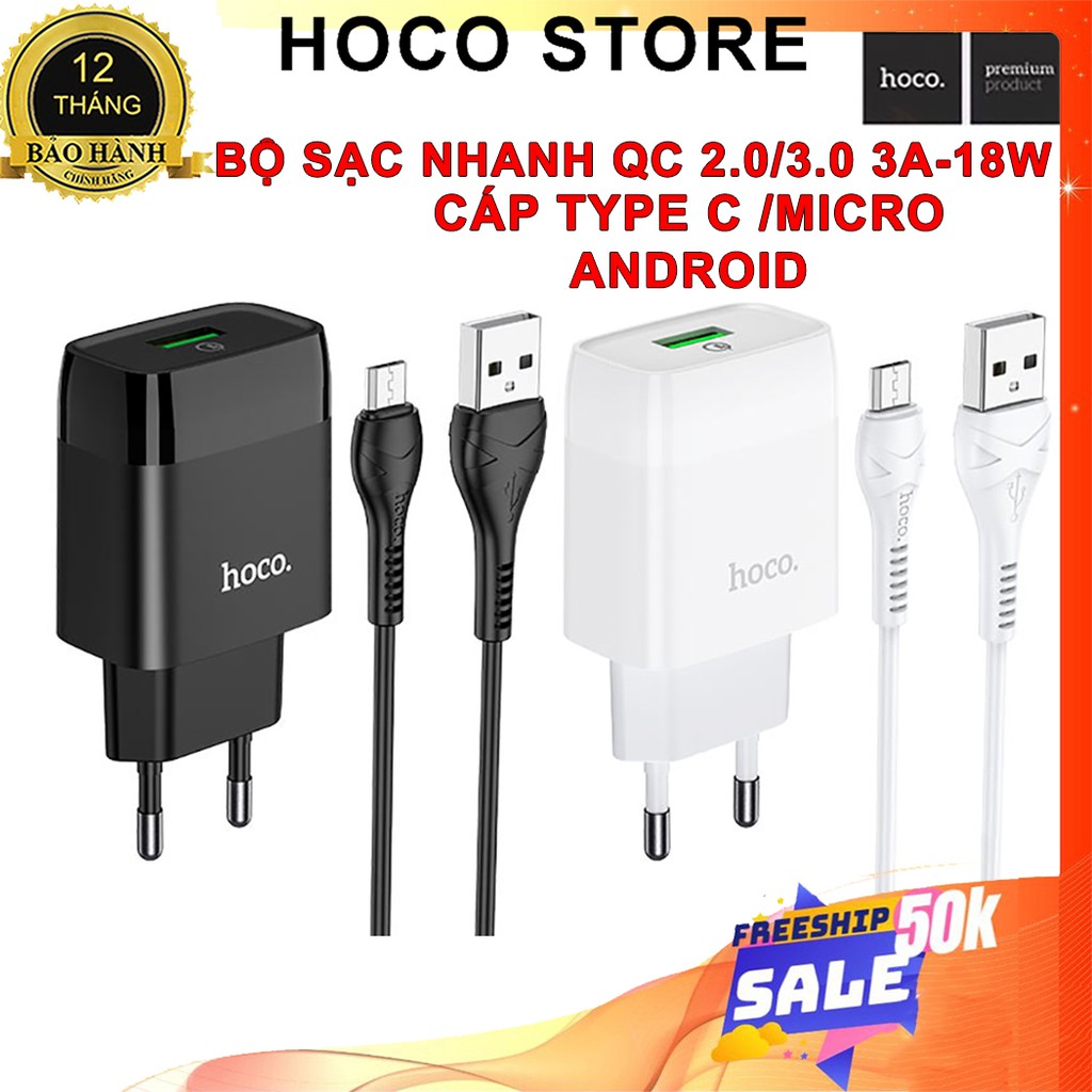 Bộ Sạc Nhanh 18W Hoco C72Q 3A Type C Micro USB Siêu bền PVC An Toàn Cho Samsung Huawei Xiaomi Oppo Android Chính Hãng