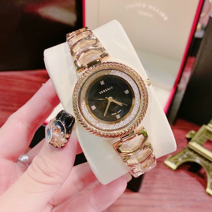 Đồng hồ đeo tay thời trang nữ VERSACE dây kim loại thép không gỉ mạ vàng mặt tròn đính đá cao cấp chống nước chống xước | BigBuy360 - bigbuy360.vn