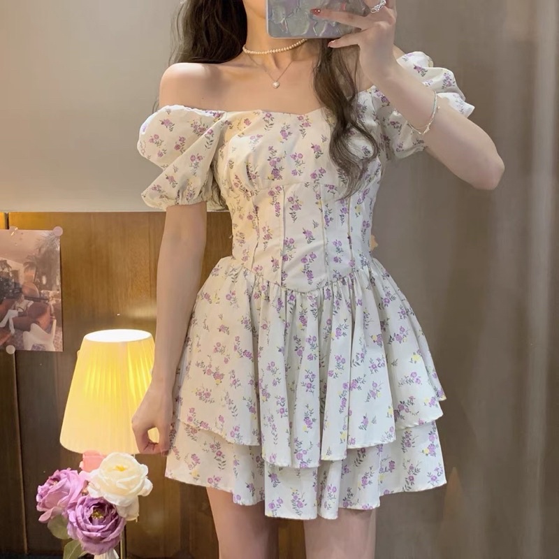 Váy hoa nhí trễ vai dáng xòe hot girl đầm công chúa tay phồng vintage cá tính