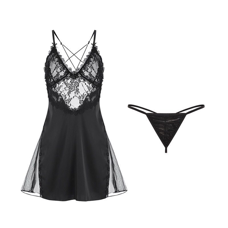 ❣️ Váy ngủ lụa nữ 2 dây phối ren đan dây 2 bên sexy gợi cảm màu đen/đỏ/trắng freesize dưới 60kg VN08