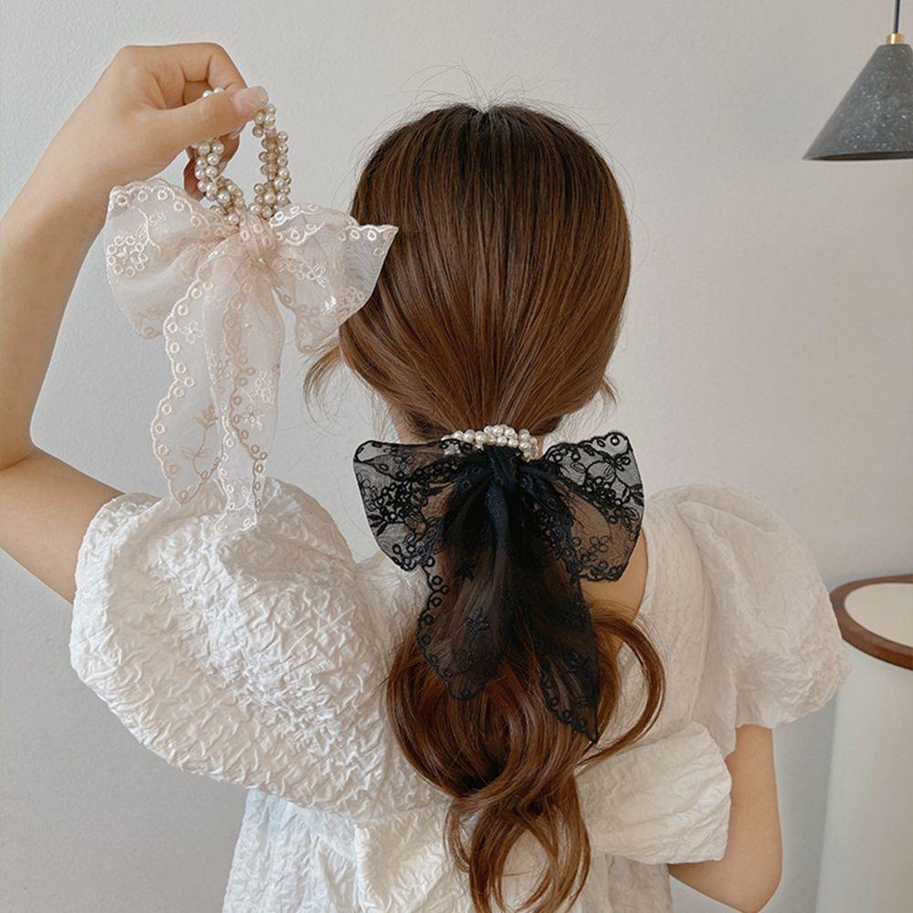 ROWANS Dây Cột Tóc Đuôi Ngựa Bằng Vải Voan Phối Ren Co Giãn Dễ Thương