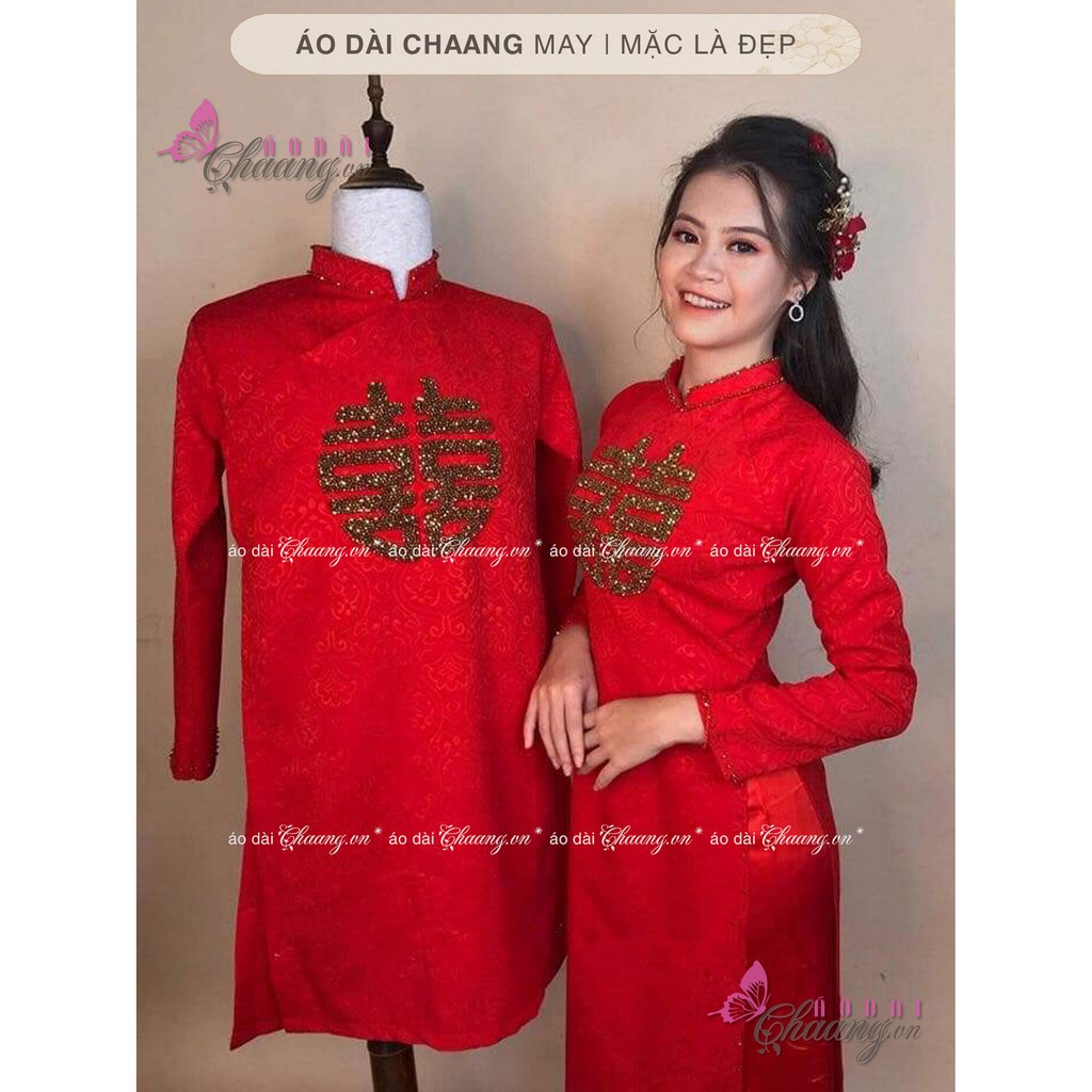 Áo dài cặp đôi nam nữ đính pha lê cao cấp Chaang may sẵn truyền thống cô dâu chú rể dự tiệc cưới lễ tết đẹp ADC122