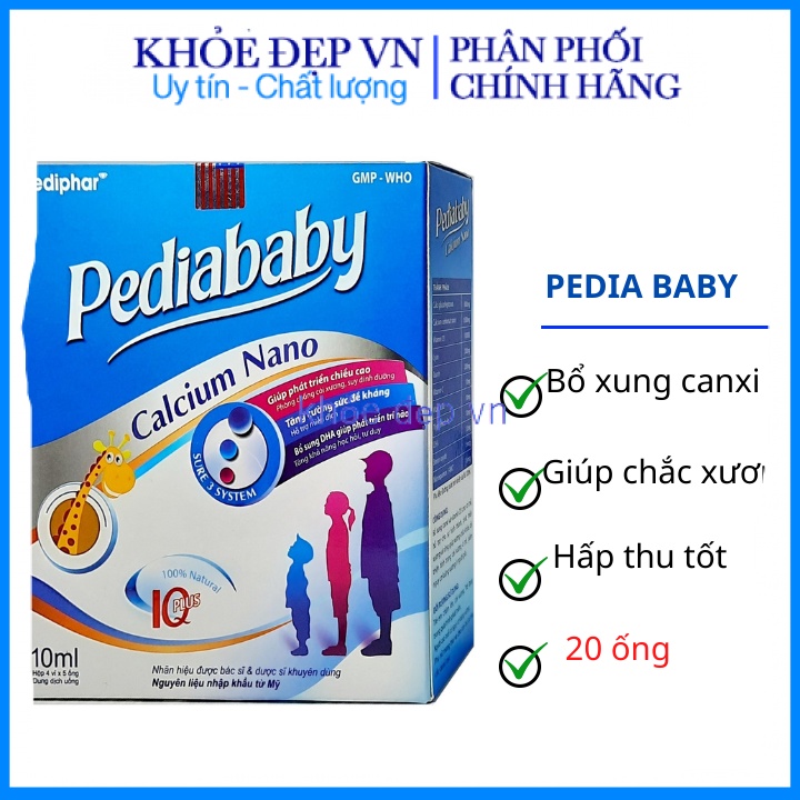 Pedia baby calcium nano Bổ sung canxi giúp cải thiện mật độ canxi của xương, giúp xương răng chắc khỏe - Hộp 20 ống