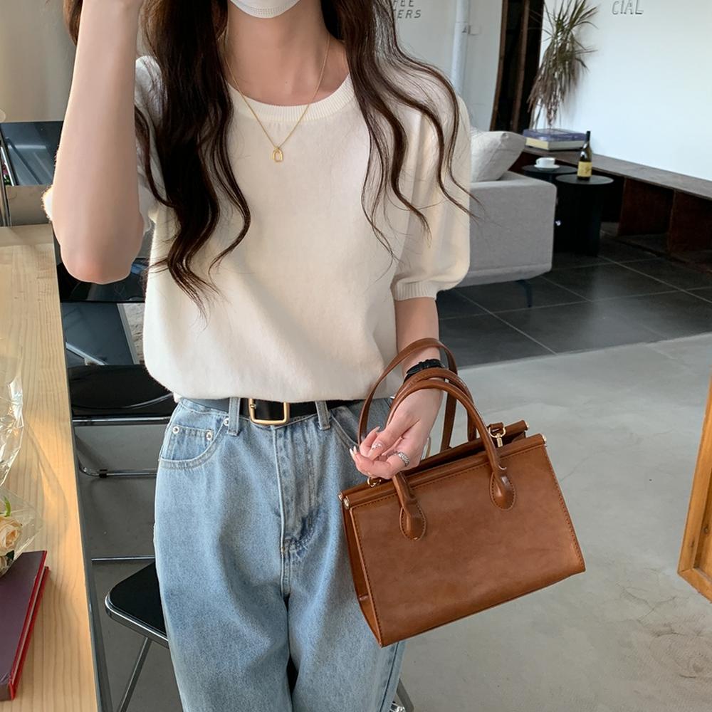 Áo Thun Dệt Kim Tay Ngắn Cổ Tròn Màu Trơn Phong Cách Mới 50195