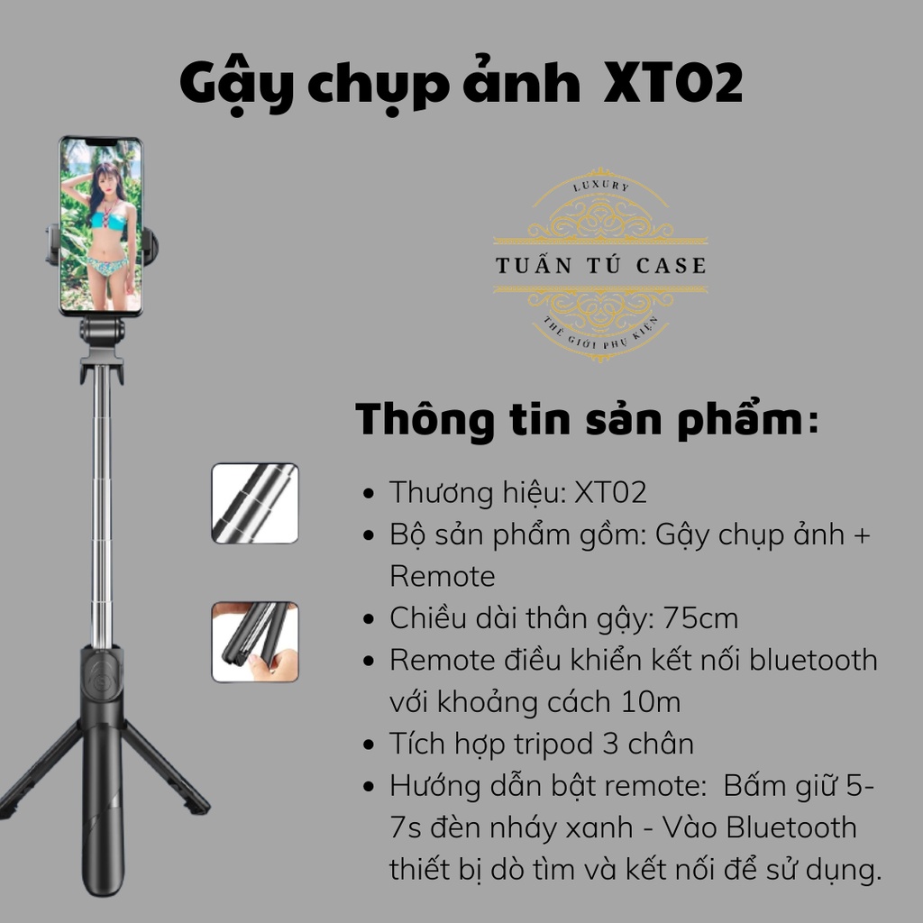 Gậy chụp ảnh Selfie tự sướng Bluetooth XT-02 kèm chân đế Tripod đa năng 3 trong 1 gấp gọn bỏ túi