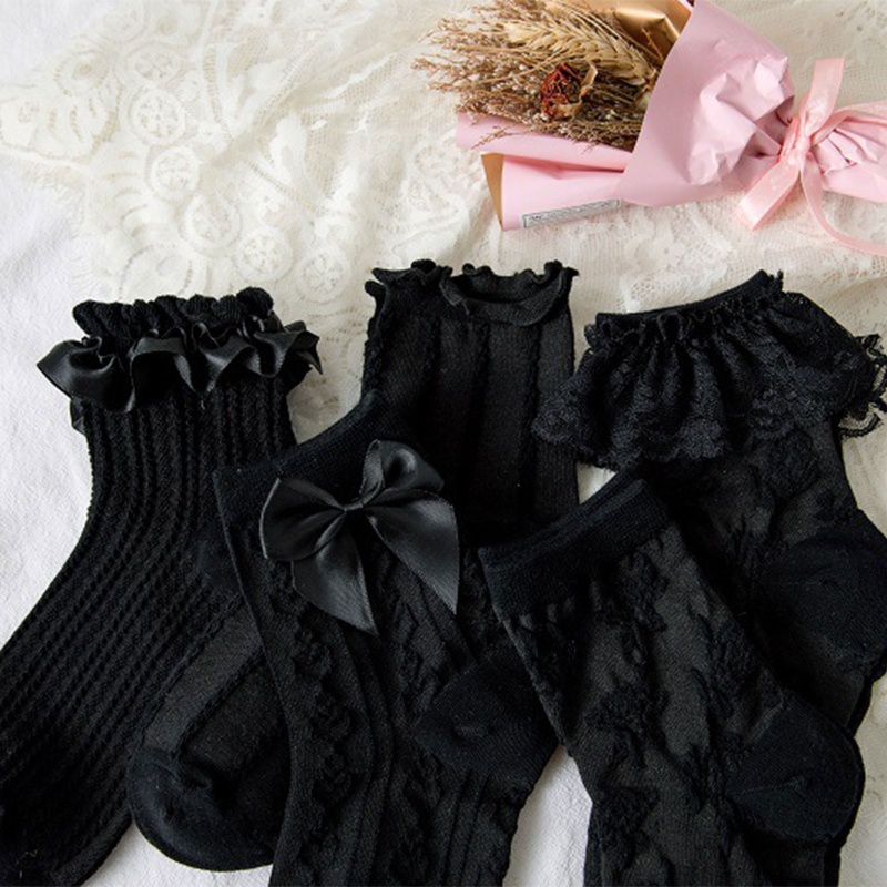 Vớ cotton màu đen viền ren họa tiết kẻ sọc phong cách Harajuku Nhật Bản thời trang cho nữ
