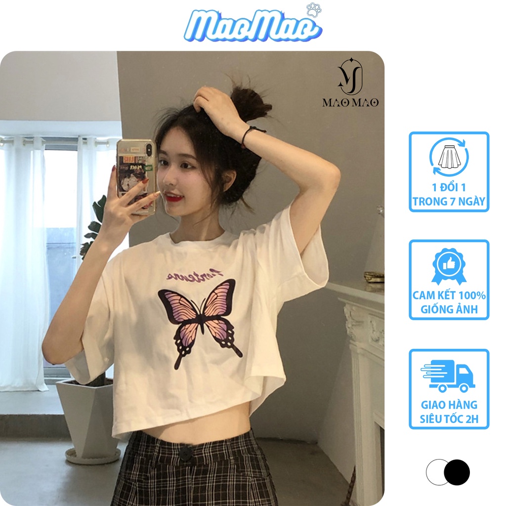 Áo thun croptop nữ form rộng tay ngắn ulzzang in hình Bướm trẻ trung phong cách Hàn Quốc C15 - MaoMao