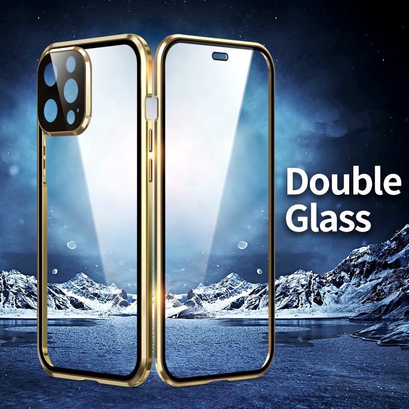 Ốp Điện Thoại Kính Cường Lực Hai Mặt Viền Kim Loại Nam Châm Cho Iphone 13 Pro X Xs Max Xr 13
