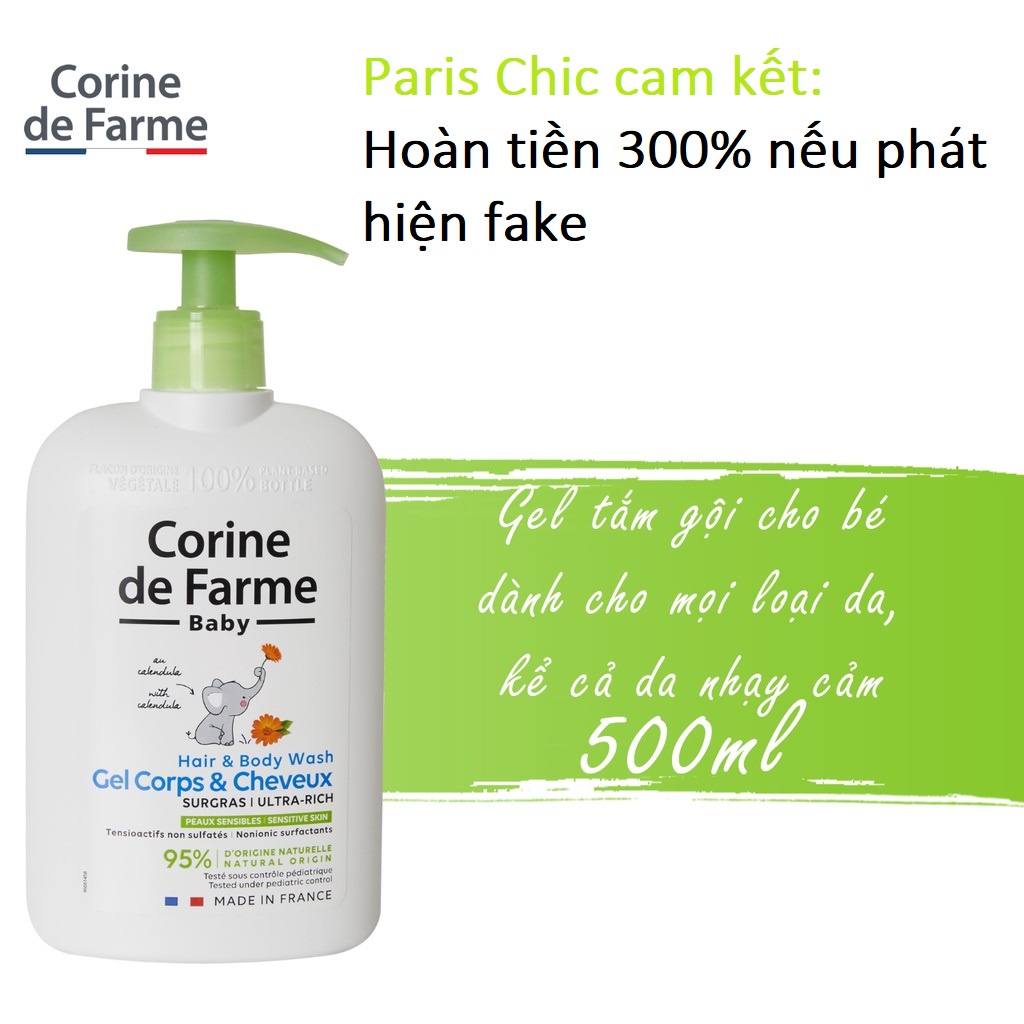Sữa tắm gội cho bé Corine de Farme 95% thành phần từ thiên nhiên dịu nhẹ an toàn 500ml