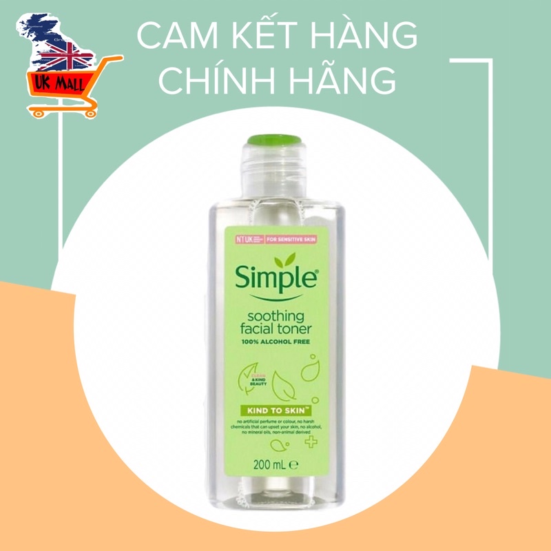 Nước hoa hồng Simple 200ml dành cho da dầu nhạy cảm da khô, tem phụ nhập khẩu