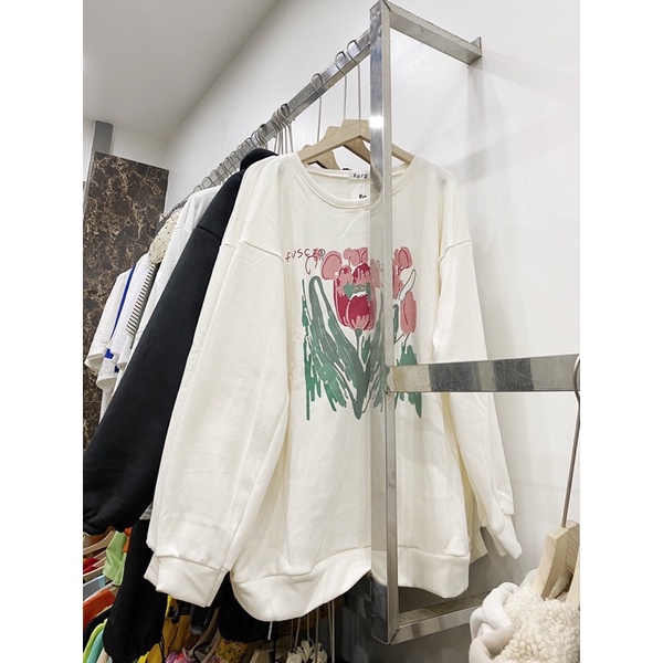 Áo Nỉ Sweat Nữ tay bồng form rộng, Áo hoodie Hoa Hồng chất nỉ bông cá tính Ulzzang