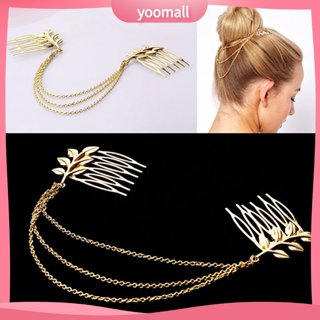 Chuỗi dây xích cài tóc có lược cài họa tiết lá cây sang trọng cho nữ