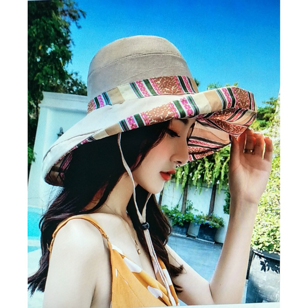 NÓN MŨ VẢI VÀNH RỘNG 2 MẶT CÓ HOA VĂN THỔ CẨM