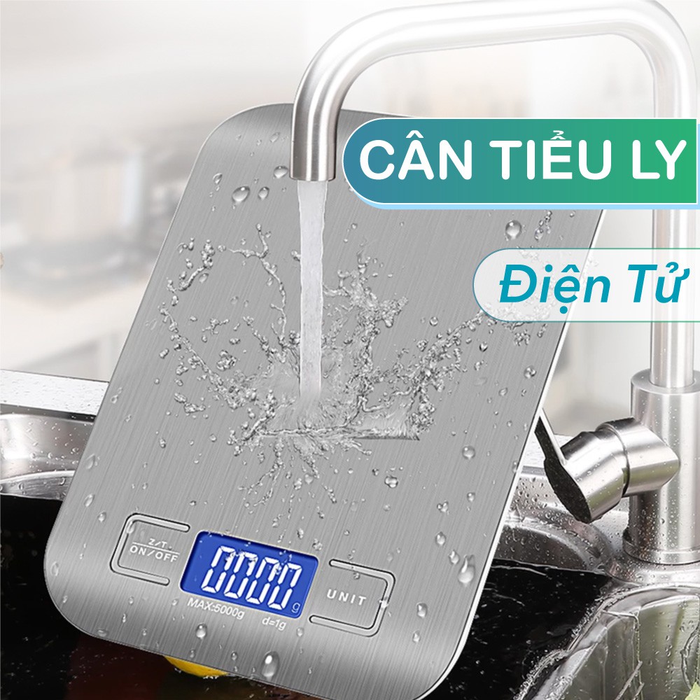 Cân điện tử nhà bếp tiểu ly (10/5kg - 1g) cân thực phẩm mặt inox màn hình LCD