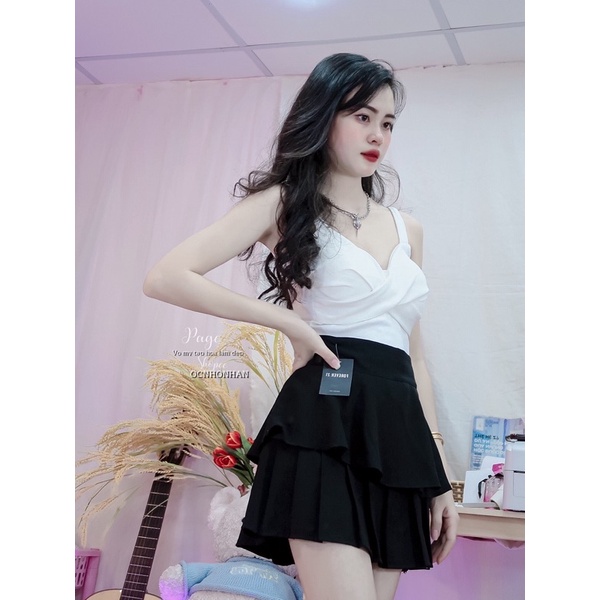 set áo hai dây chéo ngực phối chân váy tầng