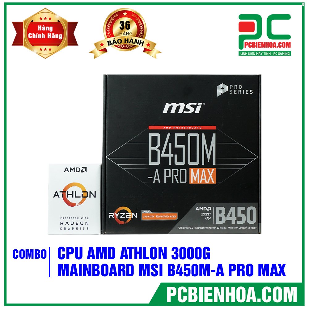 Siêu phẩm combo AMD B450M + 3000G +3200G  chính hãng 36T