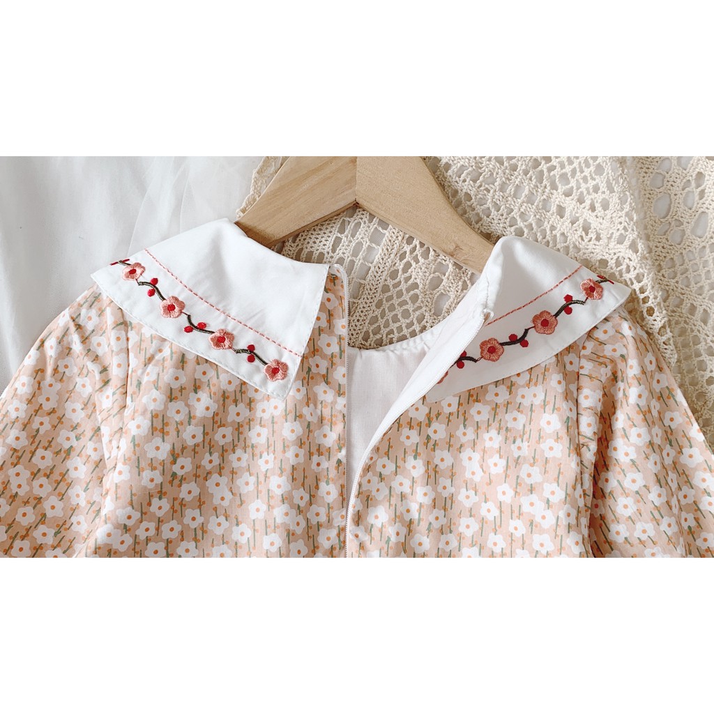 Đầm họa tiết hoa dài tay chất liệu cotton họa tiết cổ thêu kiểu Hàn Quốc cho bé gái