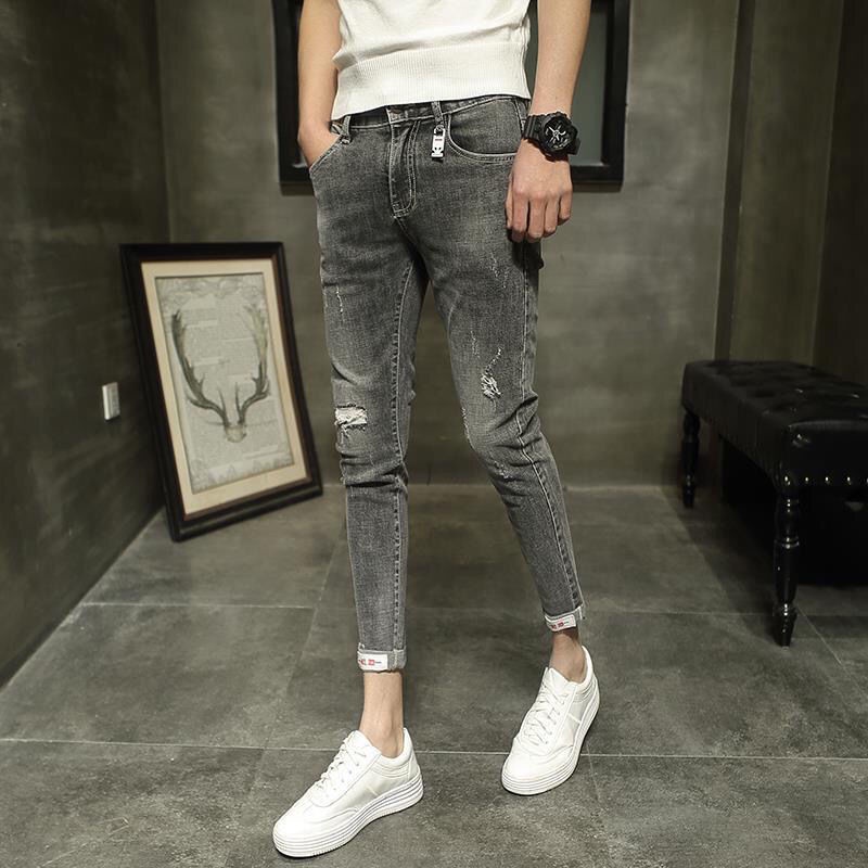 Quần Jean jogger Màu Xám Dáng Ôm Co Giãn Thiết Kế Rách Thời Trang Mùa Hè 2022 Cho Nam