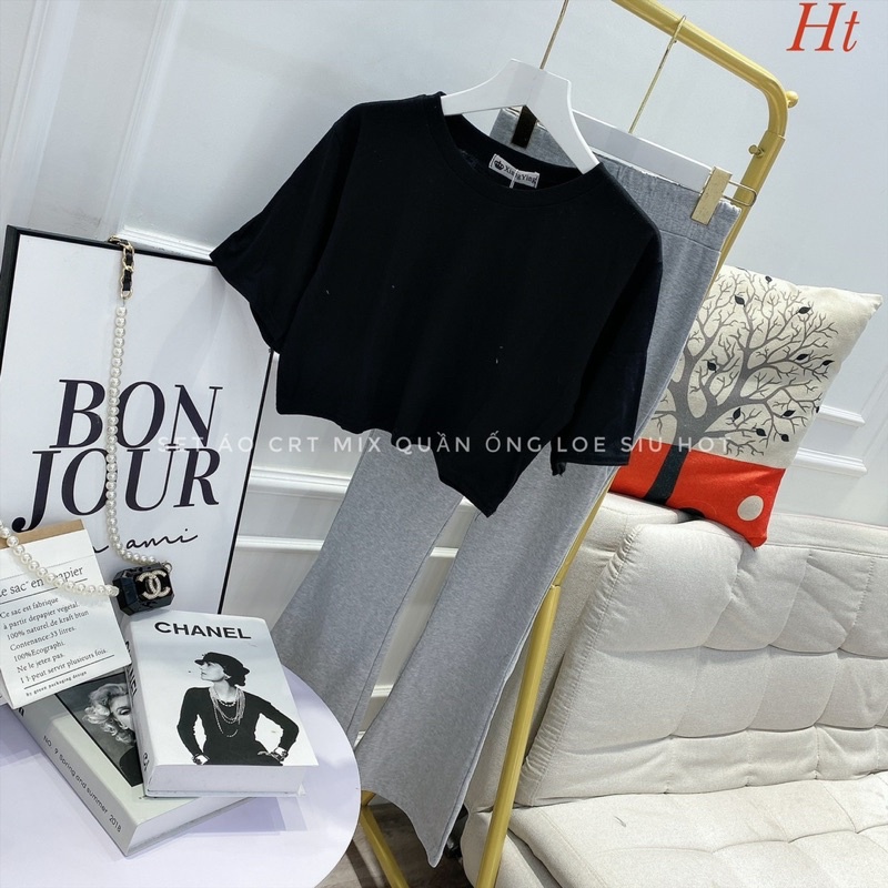 Set áo Croptop quần loe xám