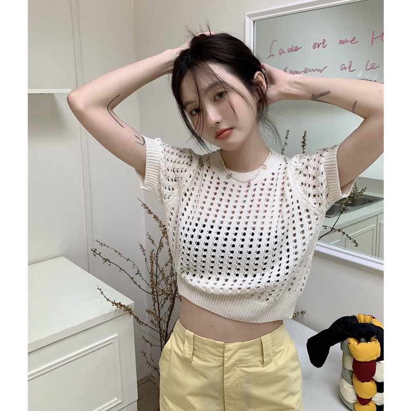 QKOOLE  Áo Thun Croptop Dệt Kim Tay Ngắn Cổ Tròn Thời Trang Mùa Hè Phong Cách Hàn Quốc Cho Nữ