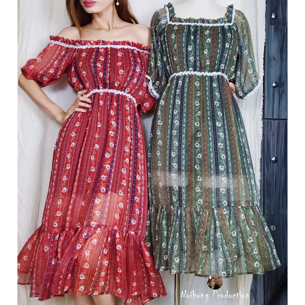 ĐẦM VÁY MAXI VINTAGE HỌA TIẾT HOA ĐUÔI CÁ DÁNG DÀI XÒE TRỄ BẸT HỞ VAI CỔ CHỮ U ĐẸP XỊN RẺ TEEN TRẺ TRUNG BIGSIZE M L XL