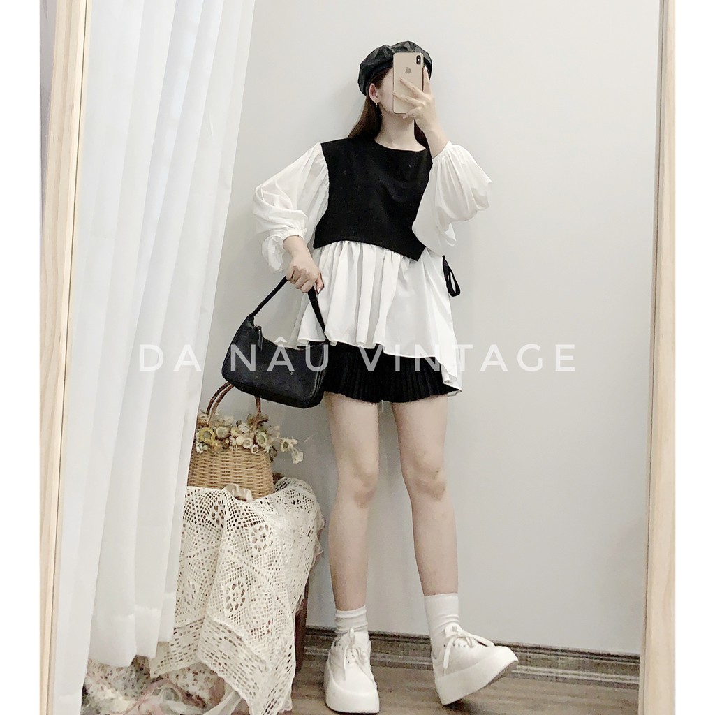 Áo kiểu nữ dáng Babydoll tay phồng tiểu thư phối đen trắng thắt dây eo – Da Nâu Vintage