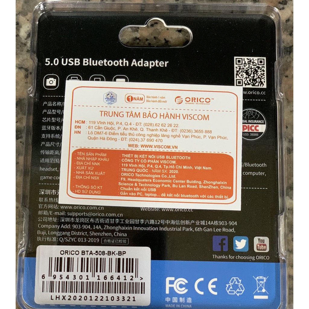 USB Bluetooth 5.0 Orico BTA-508 - Dành cho PC, Laptop - Hàng chính hãng