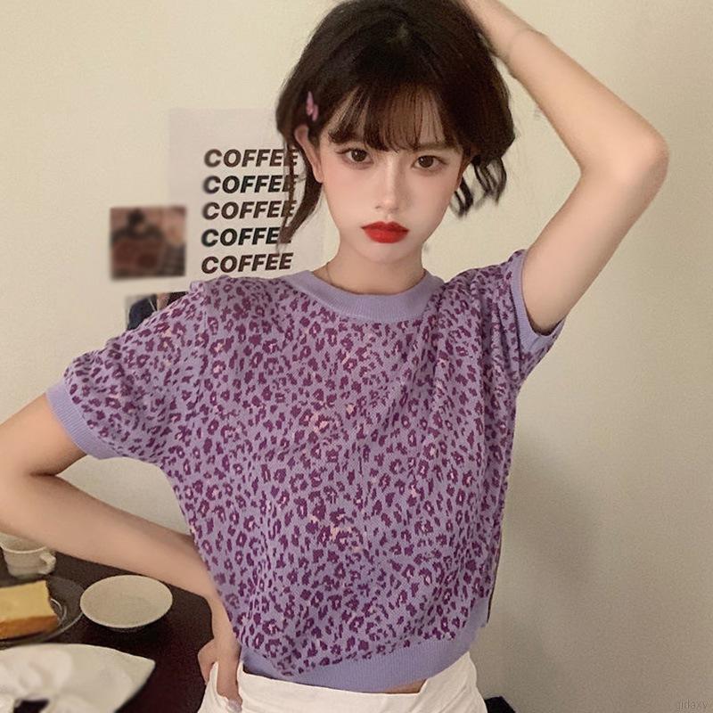 Áo Croptop Tay Ngắn Hoạ Tiết Da Báo Phong Cách Hàn Quốc