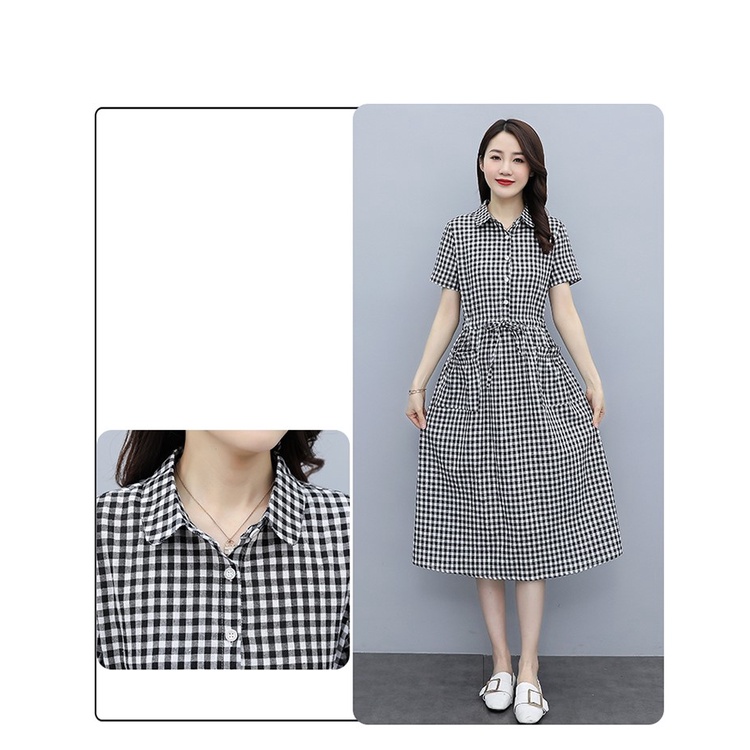 Váy sơ mi váy suông nữ đầm suông sơ mi form rộng họa tiết kẻ caro, kèm dây rút eo