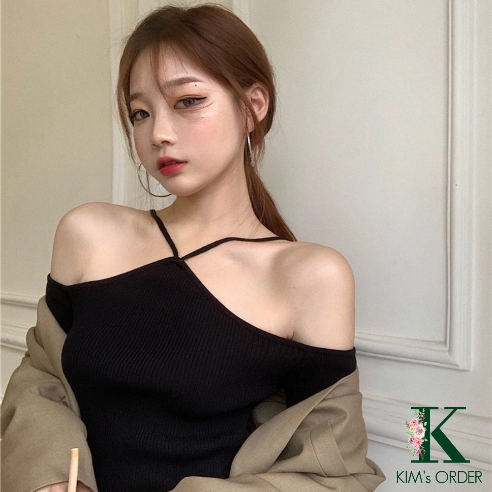 Áo len nữ dài tay màu đen trắng ghi cổ dây chéo hở ngang trễ vai phom ôm body phong cách sexy sang chảnh sành điệu
