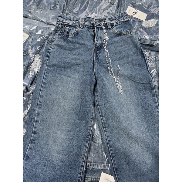 Quần jeans ống rộng suông trơn kèm dây xích siêu hot #3155
