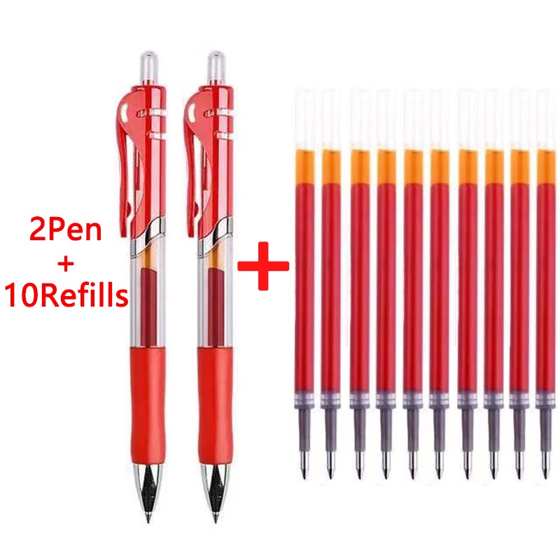 Set 2 Bút Bi Kèm 10 Ruột Bút Bi Mực Đen / Đỏ / Xanh Ngòi 0.5Mm
