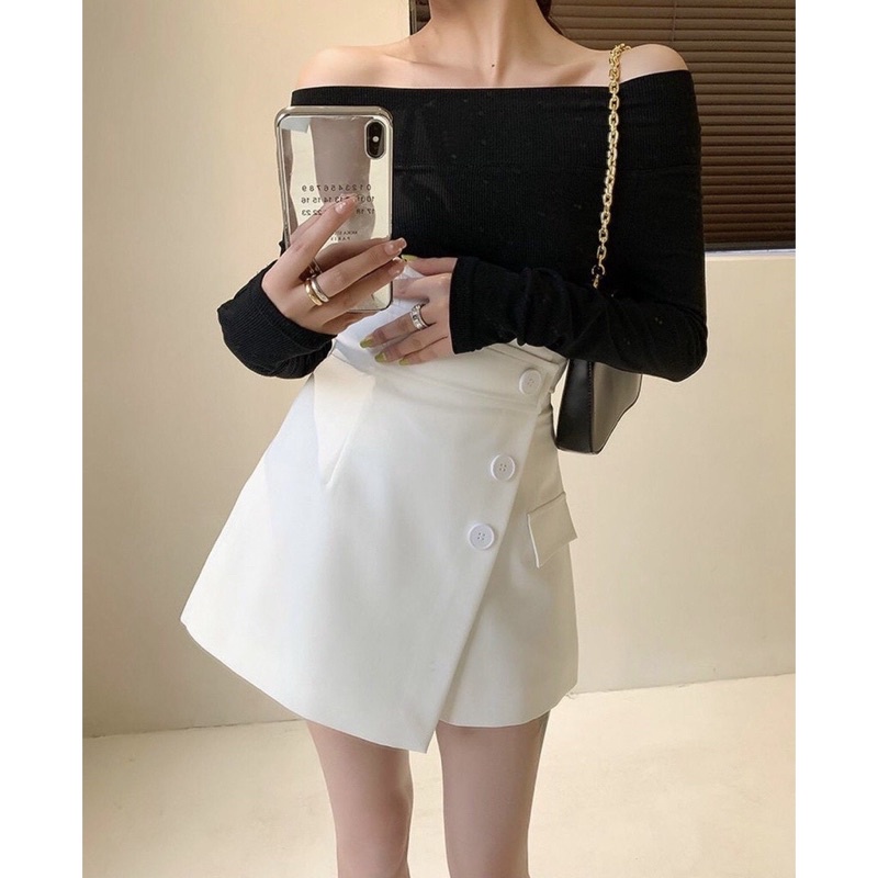 Set áo bẹt vai đen td x chân váy chéo nút