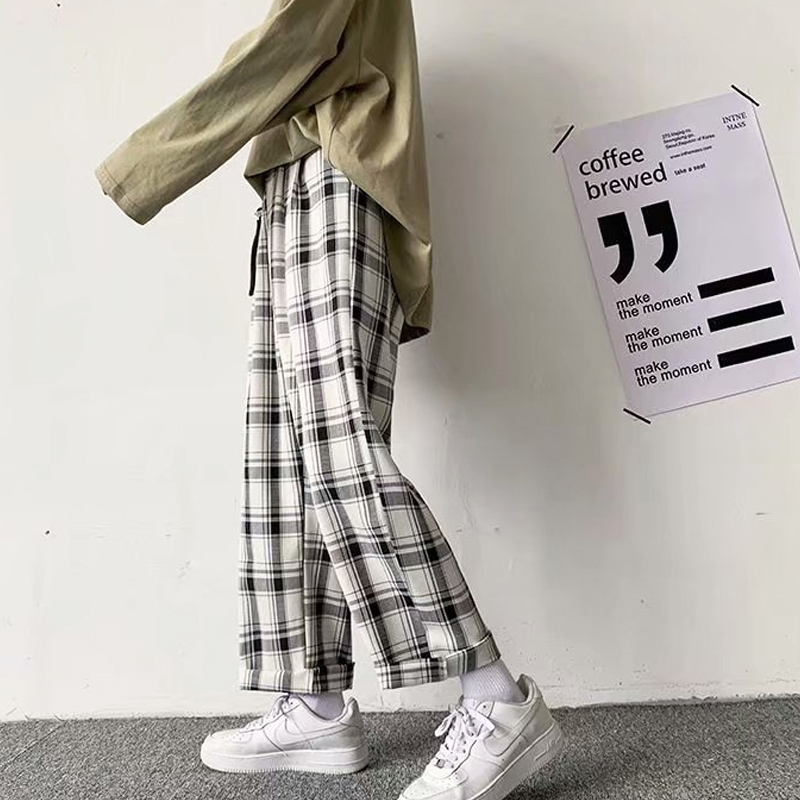 Plaid Trousers Korean Baggy Pants Casual Plaid Pant Men Fashion Straight Trourse Unisex Vintage Checkered Loose Pants Man