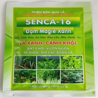 Phân bón lá Senca 16 Đạm Magie Xanh (50g) làm bật chồi non, xanh lá, vươn nhánh, rễ khỏe, mỡ cây, bóng lá...