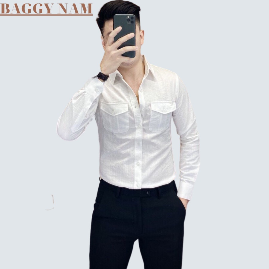 áo Sơ mi nam dài tay nam thời trang nam Baggy, áo đũi nam mặc mát form đẹp, có hai túi hộp trước ngực.