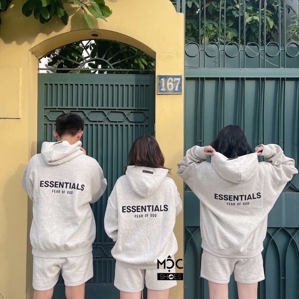 [CHÍNH HÃNG] Áo khoác Hoodie tay dài Fear Of God Essensial màu Oatmeal Xám Trắng SS22