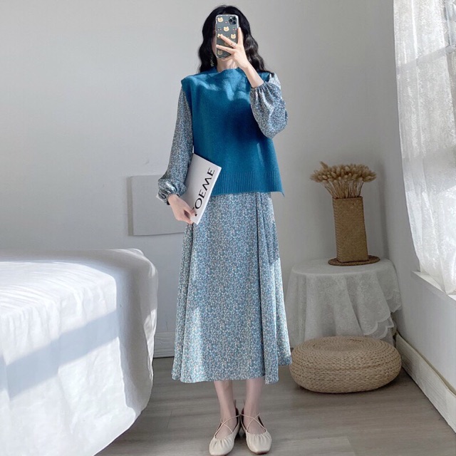 Đầm hoa dáng xoè chun tay - Đầm hoa dáng dài tôn dáng che bụng