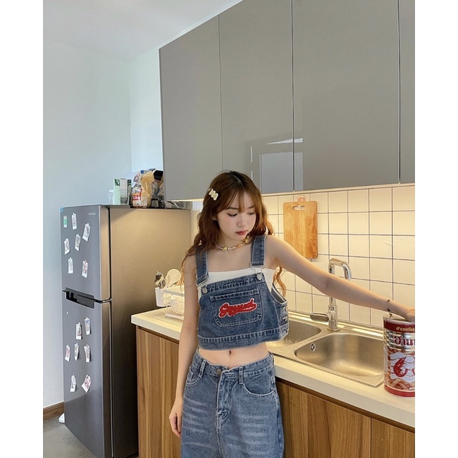 ( Sẵn) Set áo yếm jean và quần jean ống rộng newtrend