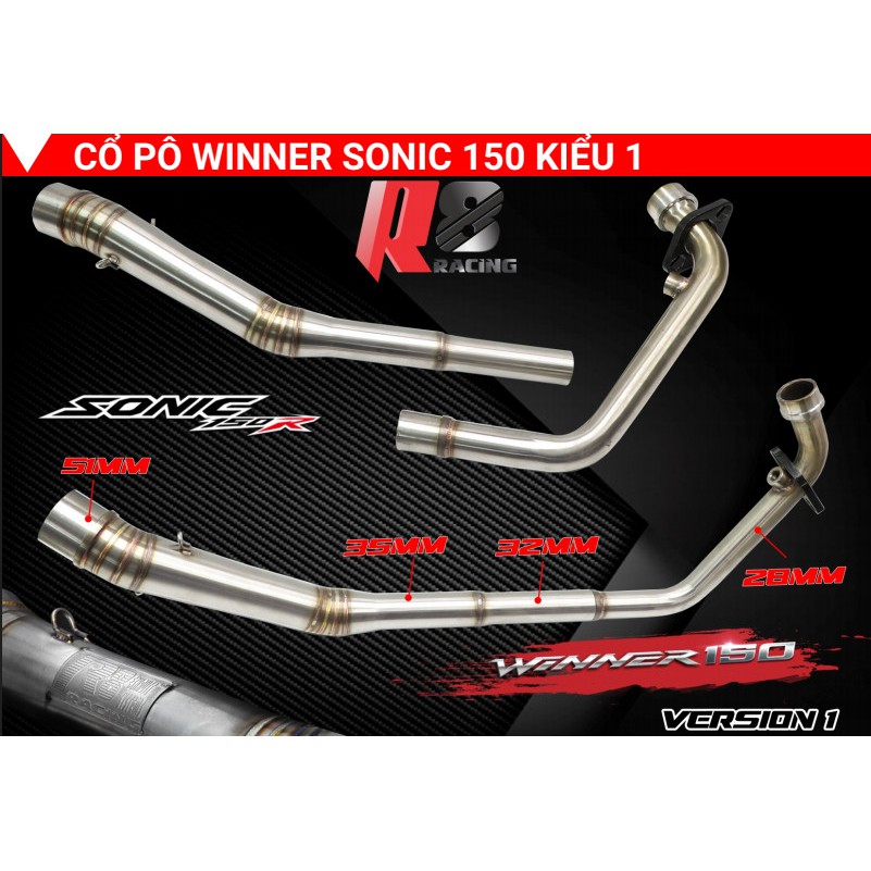 PÔ TĂNG BÔ GIẢ ZIN SONIC  HIỆU R8 RACING / CỔ PÔ R8 INOX 304 NHẬP  EX135 4 SỐ 5 SỐ EX150 SONIC- WINNER SATRIA RAIDER