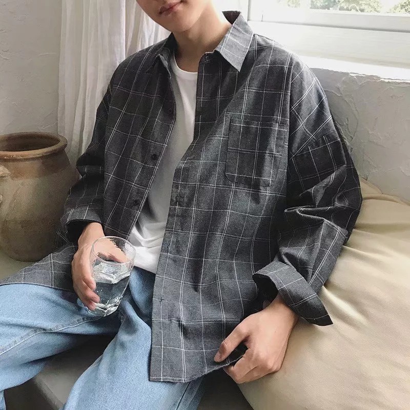 Korean Men's Plaid Shirt Ins Japanese Retro Casual Shirt Loose Beach Shirt Plaid Shirt Men's Preppy Style Student Shirt